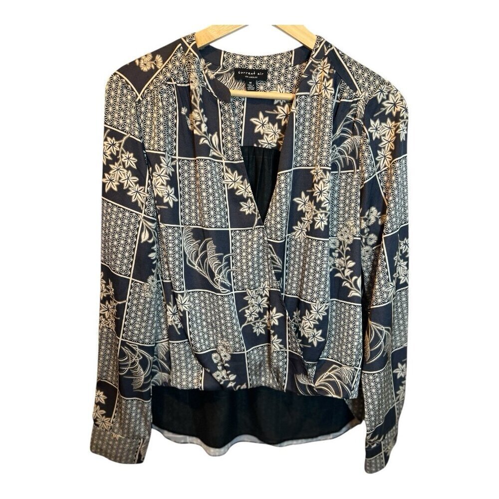 Current Air Anthropologie Black/Taupe Silk Surplus Blouse Medium Mandarin Collar - Picture 3 of 10